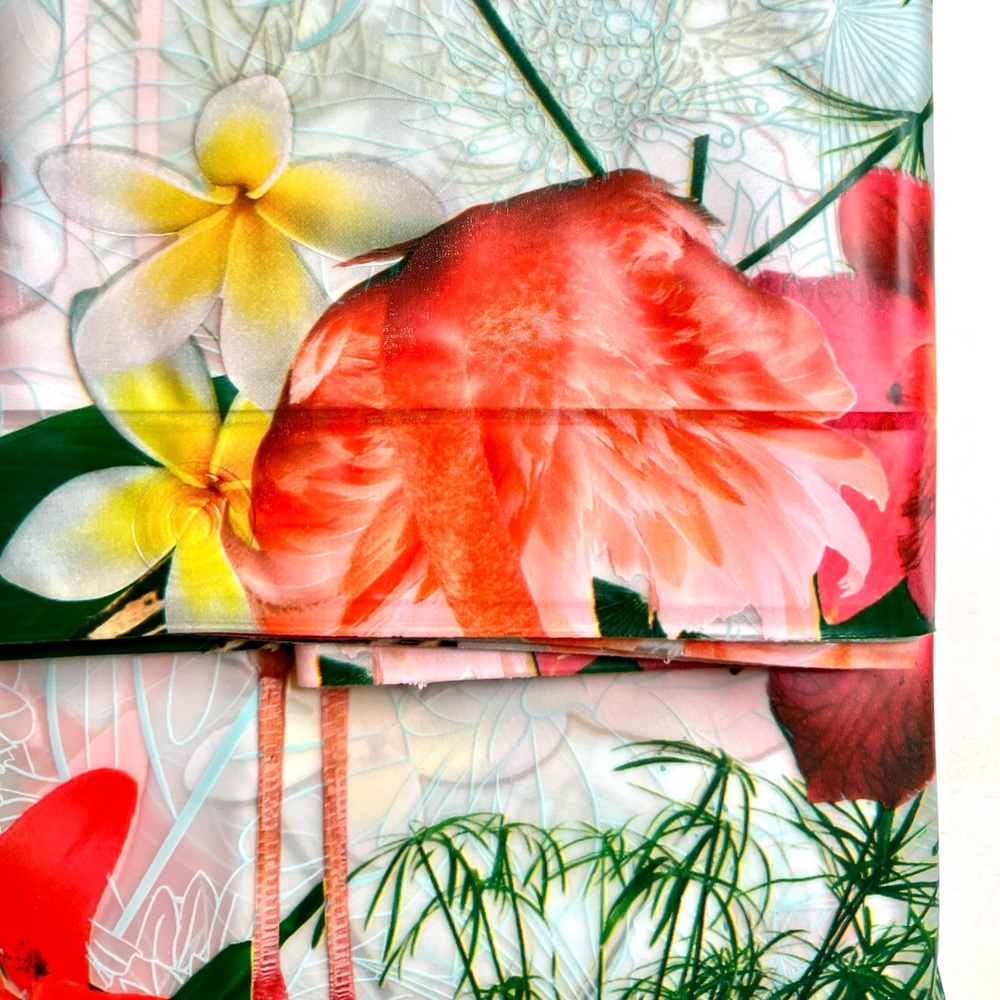 Flamingos & Tropical Flowers Peva Shower Curtain Hibiscus Orchids Bright Red - Picture 5 of 14